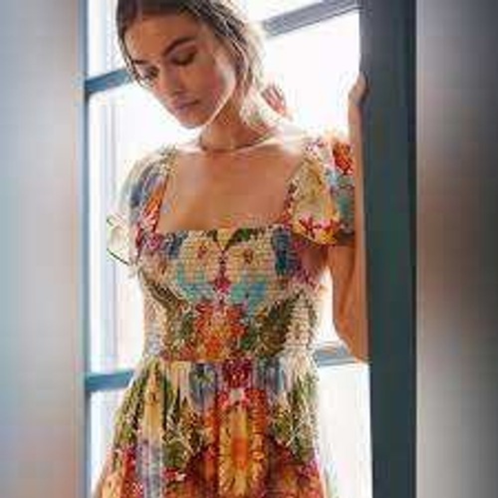 Moxy Anthropologie Womens Floral Boho Flutter Smocked Cottage Maxi Dress - Picture 3 of 10